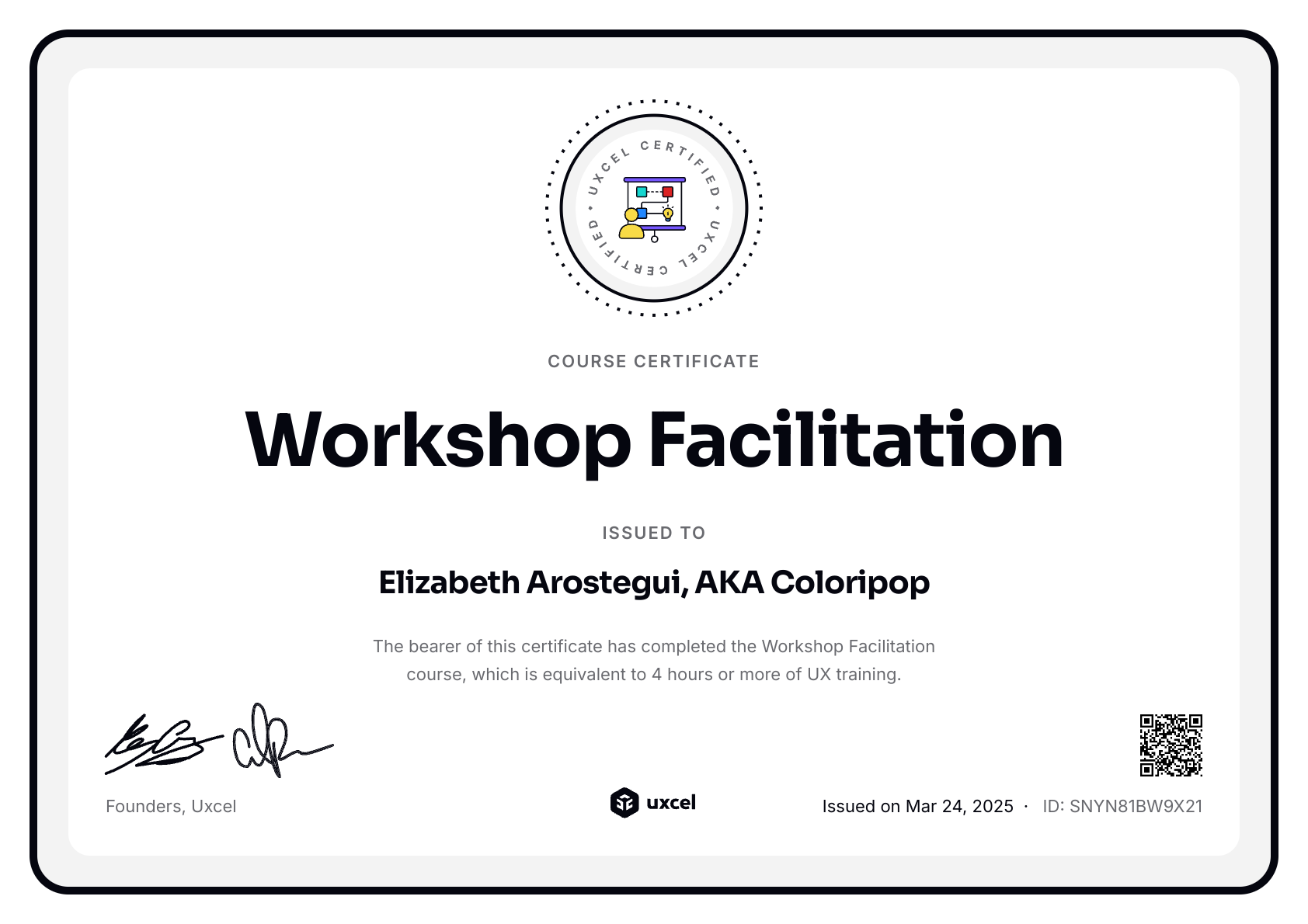 Elizabeth Arostegui, AKA Coloripop's certificate